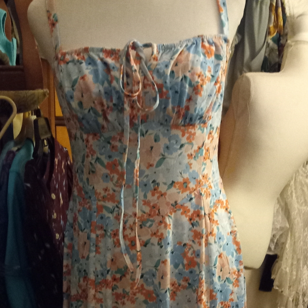 New,tag,blue & pink floral knit stretch empire corset waist sundress size medium